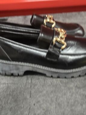 Woman  Black Leather Loafers with Gold Bit Detail Soze 8.5